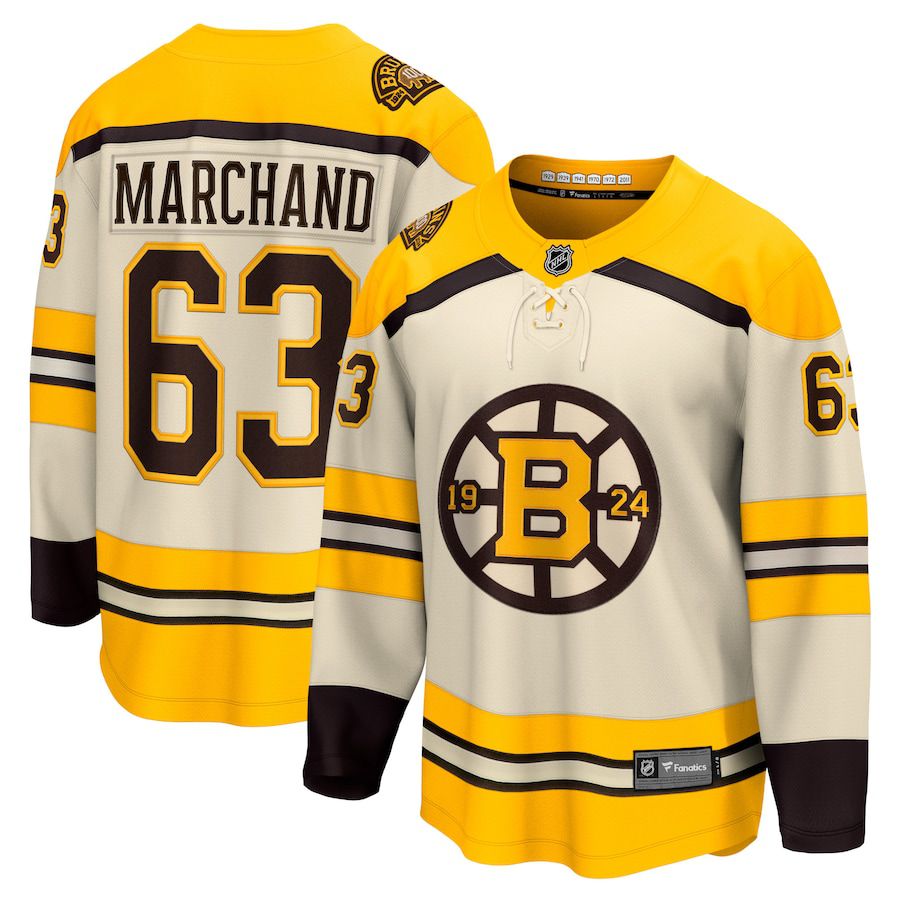 Men Boston Bruins #63 Brad Marchand Fanatics Branded Cream 100th Anniversary Premier Breakaway Player NHL Jersey->boston bruins->NHL Jersey
